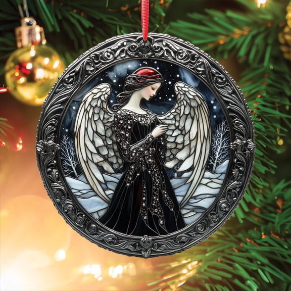 Moonlit Prayer ACRYLIC Angel Suncatcher Round Window Ornament, Elegant Black Gown & Ivory Wings Night Winter Forest Spiritual Gift Dcor
