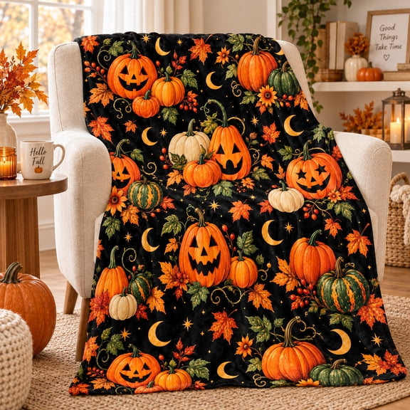 Moonlit Pumpkin Patch Flannel Throw Blanket with Jack O Lanterns, Maple Leaves and Crescent Moons for Couch, Sofa, Bed and Cozy Autumn Nights, 50 x 60 in