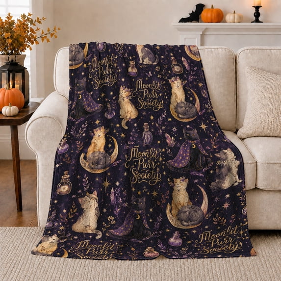 Moonlit Purr Society Enchanting Feline Fantasy Art, Mystical Pet Portrait Pattern, Warm Flannel Blanket for Living Room and Bedroom, Cat Lovers Thanksgiving Gift, Pet Lover Home Decor