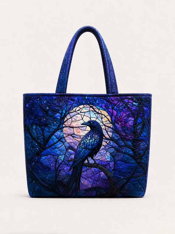 Moonlit Raven Forest Quilted Tote Bag, Gothic Woodland Shoulder Bag, Dark Cottagecore Crow Handbag