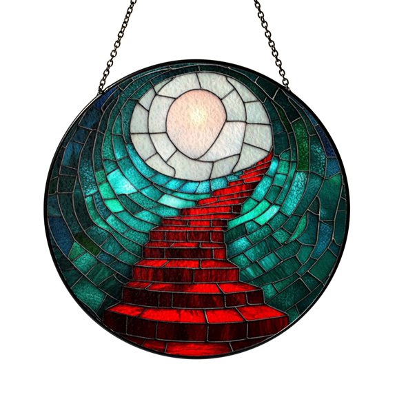Moonlit Red Staircase Scene Stained Glass Style Window Decor Suncatcher, Whimsical Art Gift for Home