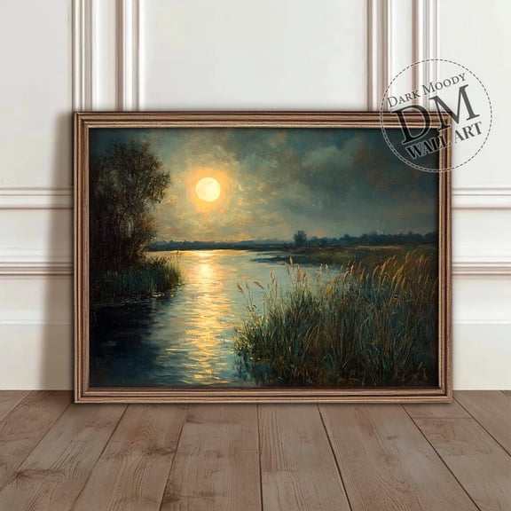 Moonlit River At Night Quiet Dark Moody Scene Antique Wall Art, Living Room And Gallery Wall Decor