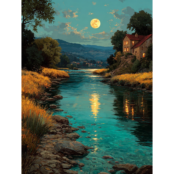 Moonlit River Landscape Canvas Full Moon Reflective Water Tranquil Night Wall Art