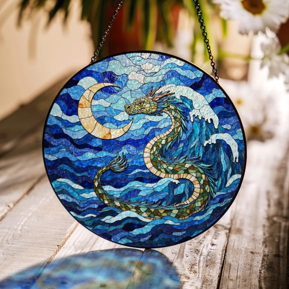 Moonlit Sea Dragon Glass Suncatcher, Ocean Fantasy Decor, 7.9 in