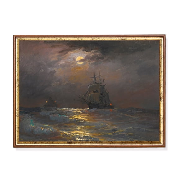 Moonlit Ship at Sea Print Poster Vintage Nautical, Size 8x12 UNFFRAMED F03.1.7l988