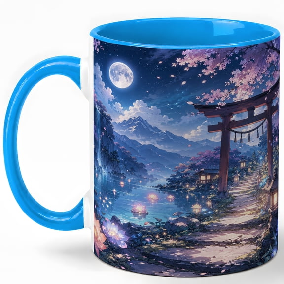 Moonlit Shrine Garden Coffee Mug, Japanese Fantasy Landscape Mug, Night Nature Birthday Christmas Gift, Sakura Torii Lantern Lotus Lake Art, 11 oz White Ceramic Coffee Cup for Tea