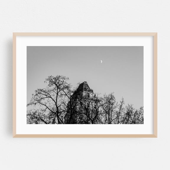 Moonlit Silhouette - Manhattan New York Photography Black and White Architecture Cityscape Moon Silhouette Night Sky Gothic Oak Framed Wall Art Print 12 x 18 inches