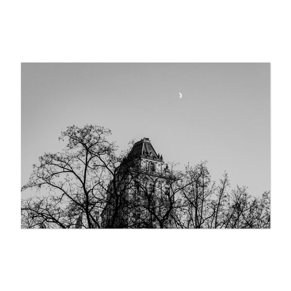 Moonlit Silhouette - Manhattan New York Photography Black and White Architecture Cityscape Moon Silhouette Night Sky Gothic Unframed Wall Art Print 12 x 18 inches