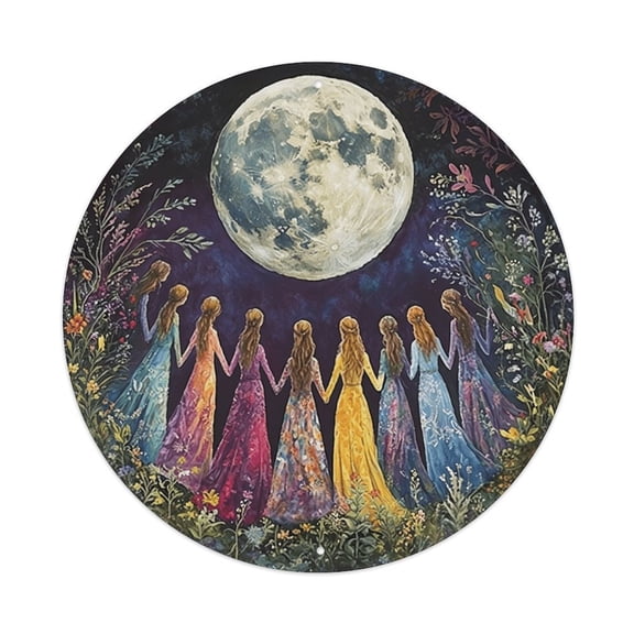 Moonlit Sisters Holding Hands in Garden, 8in Round Metal Sign, Mystical Bohemian Wall Decor for Witchy, Spiritual, or Nature-Themed Spaces