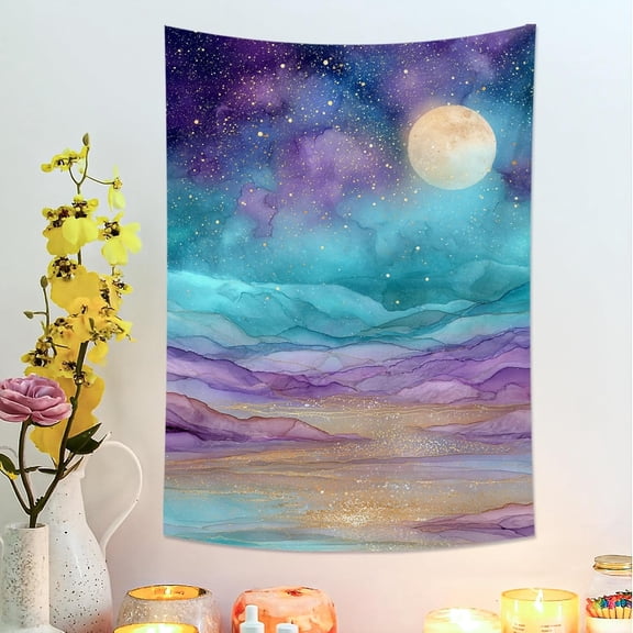 Moonlit Sky Blue Violet Tapestry, Celestial Landscape Wall Hanging, Dreamy Bohemian Decor for Bedroom, Living Room, Dorm 30x40 Inch
