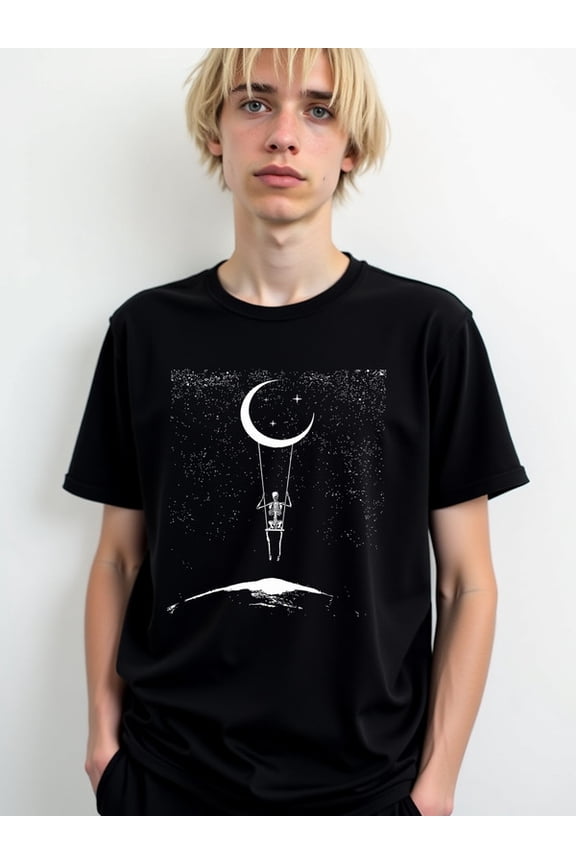 Moonlit Sky Skeleton T-Shirt Men's funny t shirts black graphic gifts Everyday and weekend wear Vintage Unisex Shirt Printed tshirts