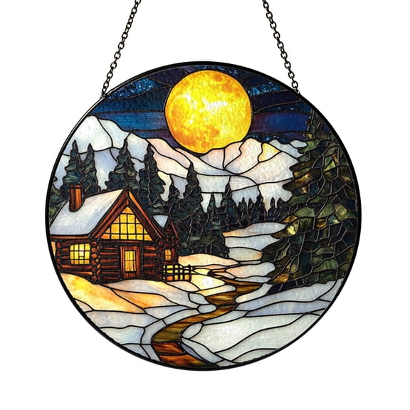 Moonlit Snow Cabin Window Suncatcher, Round Stained Glass Style Mountain Panel, Winter Home Decor Gift