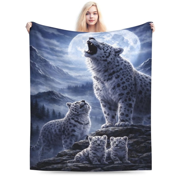 Moonlit Snow Leopard Blanket Snow Leopard Family Wildlife Throw Blanket Soft Cozy Flannel Mountain Nature Cabin Decor Gift 50x40