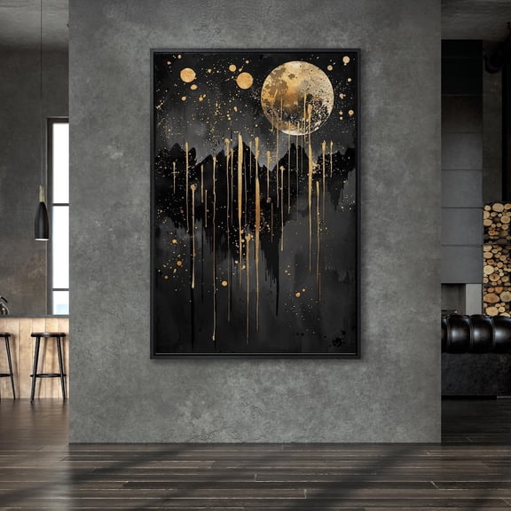 Moonlit Splendor Wall Art Abstract Gold And Black Dramatic Night Sky Poster Stars And Mountain Silhouette Decor Ready To Hang, Unframed Poster Size 16x24