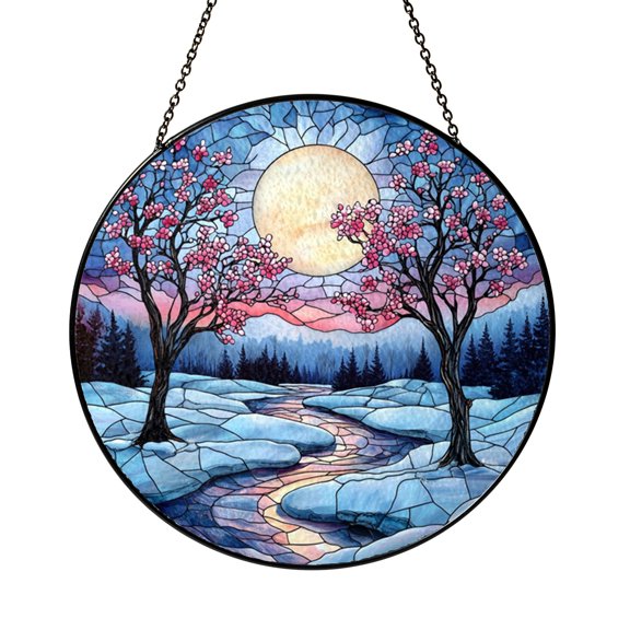 Moonlit Spring Trees Stained Glass Suncatcher, Night Nature Window Hanging Decor, Peaceful Landscape Gift