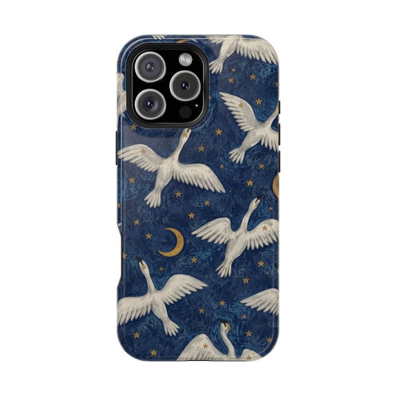 Moonlit Swan Sky Magnetic Tough Phone Case, Elegant Swan Art Dual Layer Shockproof Protective Cover Compatible with iPhone 15 Pro