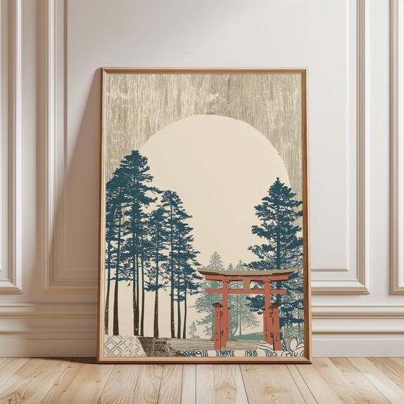 Moonlit Torii Gate Art Print Japanese Woodblock Style Zen Forest Wall Decor Traditional Sh