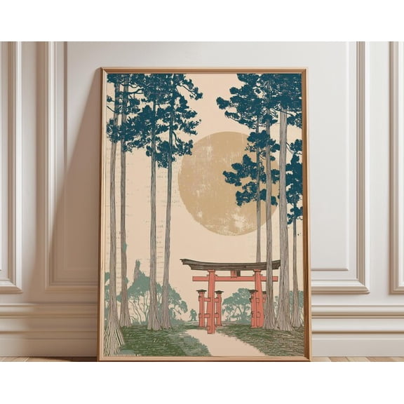 Moonlit Torii Gate Zen Forest Wall Art Print, Unframed Paper Poster 24x36in