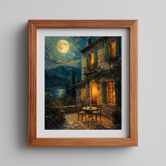 Moonlit Tuscan Villa Print, Unframed Paper Poster 8x10in