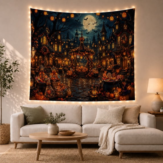 Moonlit Village Square with Pumpkin Gazebo and Candy Cauldrons, Playful Gothic for Halloween Decor Lovers, Village Decor, Halloween Gift, Tapestry Wall Hanging for Bedroom and Dorm