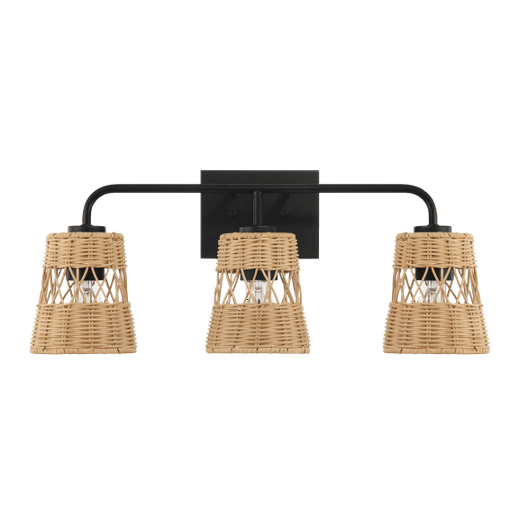 Moonlit Wall Sconce 3-Light, Rattan Shade Bathroom Vanity Light Fixtures, Farmhouse Black Metal Wall Lighting Over Mirror for Bedroom Hallway