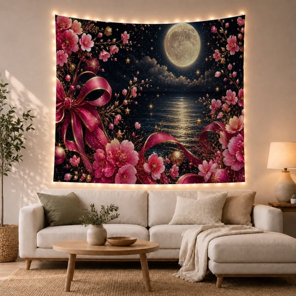 Moonlit Water with Cherry Blossoms and Ribbon, Dreamy Celestial for Nature Lovers, Maximalist Wall Art, Housewarming Gift Tapestry Wall Hanging for Bedroom and Living Room