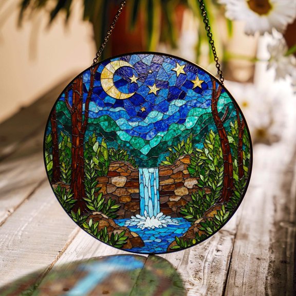 Moonlit Waterfall Forest Scene Glass Suncatcher, for Nature Lover, 7.9 in