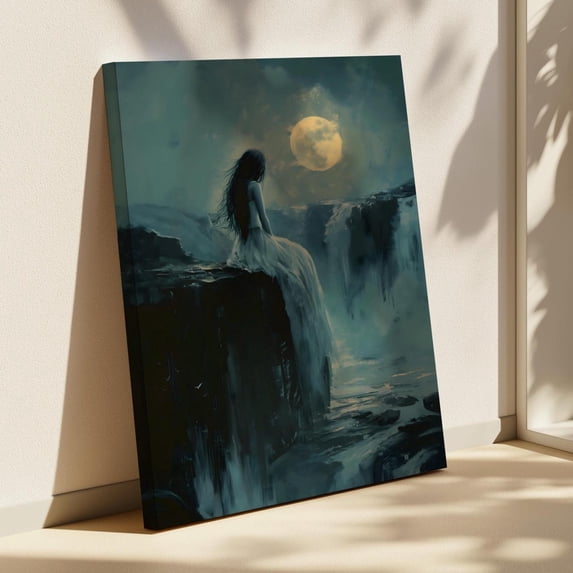 Moonlit Waterfall Woman Wall Art Print, Dreamy Dark Fantasy, Surreal ...