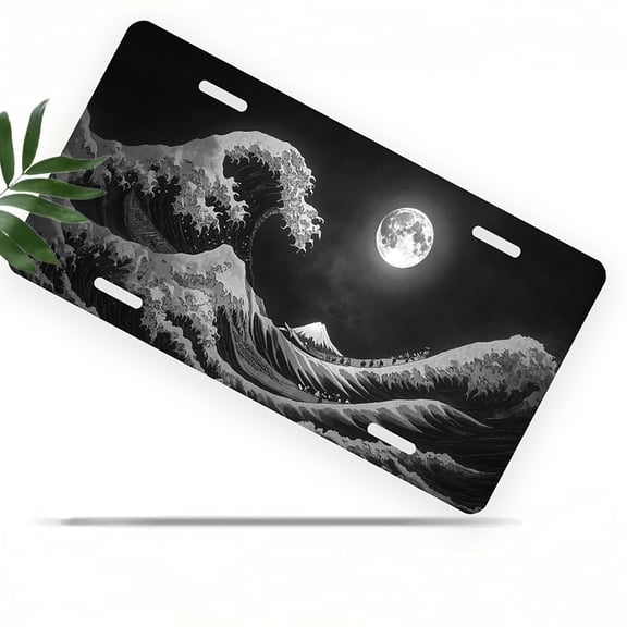 Moonlit Wave and Mountain Front License Plate, Metal License Plate, Funny Standard Plates Personalized Novelty Decorative For Men/Women/Boys/Girls Car 6×12 Inch