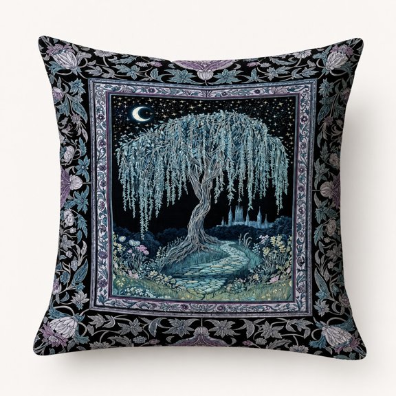Moonlit Weeping Willow Botanical Black, Blue-Gray Throw Pillow Cover, Double-Sided Print, Cover Only – Insert Not Included
