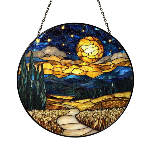 Moonlit Wheat Landscape Stained Glass Style Window Hanging – Rustic Decor