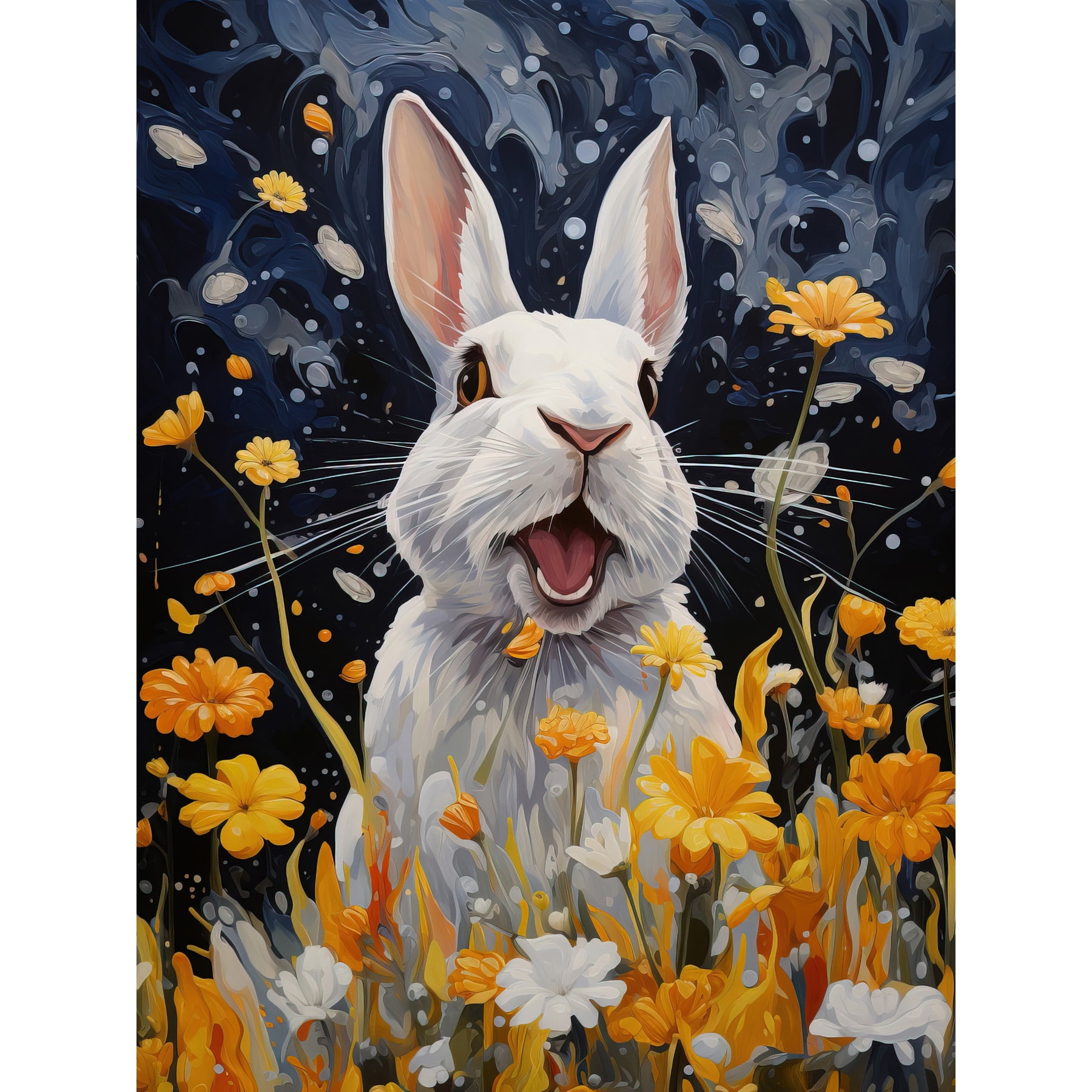 Moonlit White Rabbit Oil Painting Playing with Yellow Spring Flowers ...