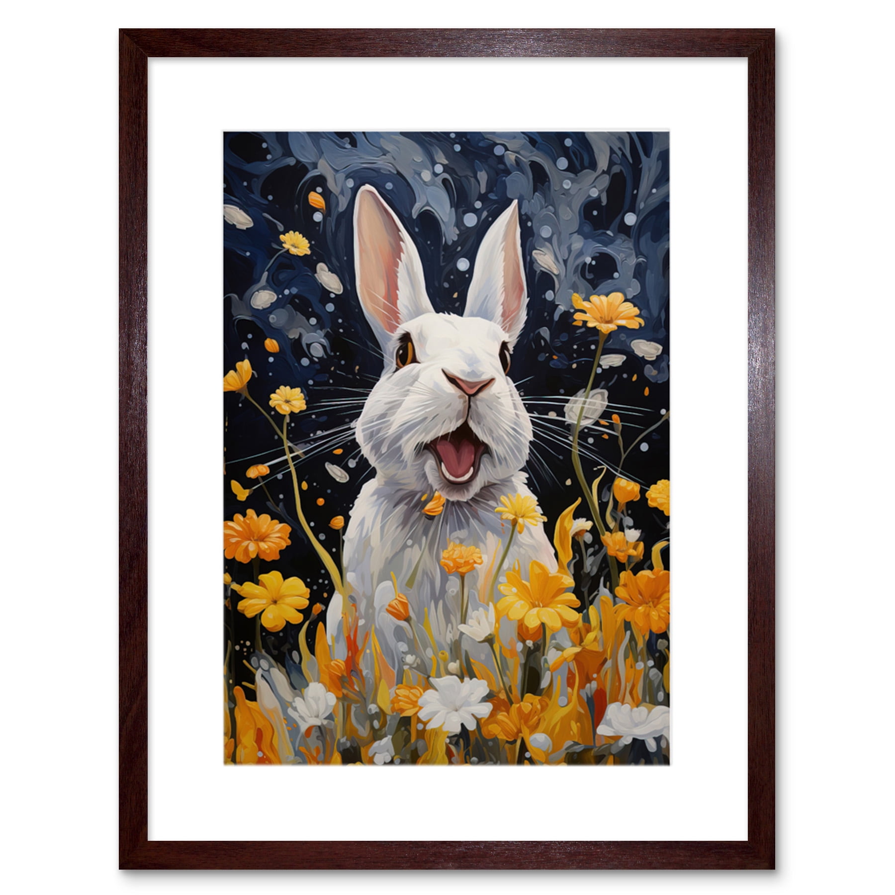 Moonlit White Rabbit Oil Painting Playing with Yellow Spring Flowers ...