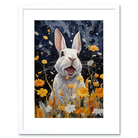 Moonlit White Rabbit Oil Painting Playing with Yellow Spring Flowers Mischief at Night Kids Bedroom Artwork Framed Wall Art Print 9X7 Inch