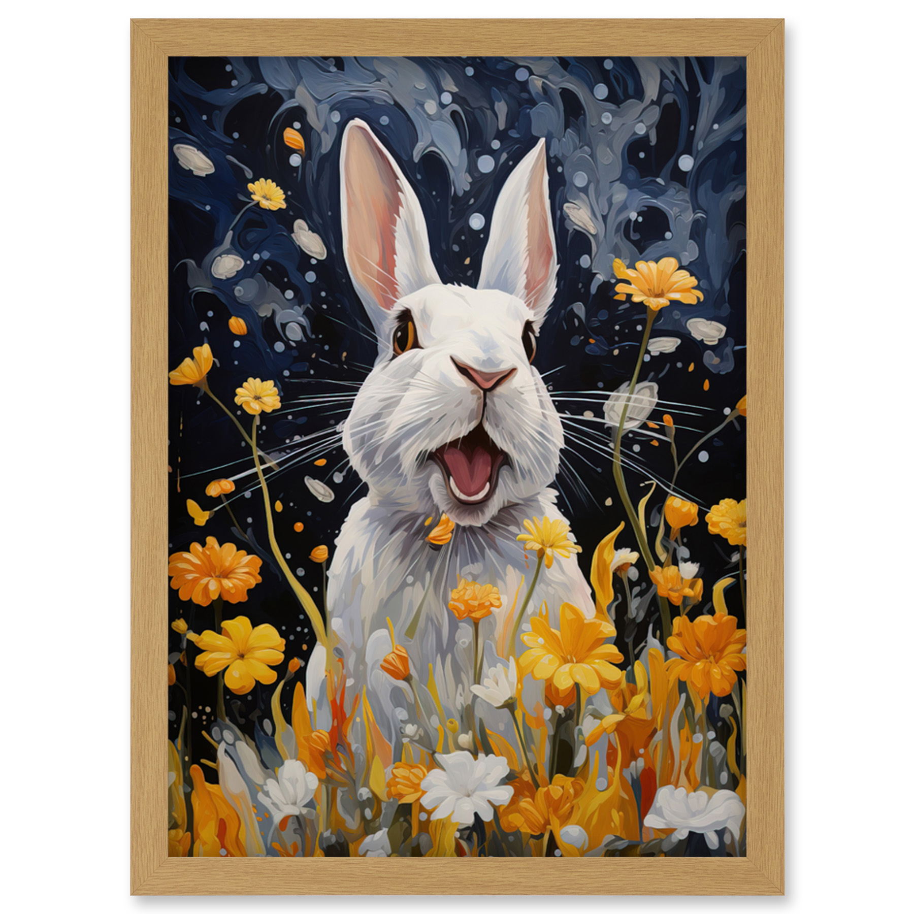 Moonlit White Rabbit Oil Painting Playing with Yellow Spring Flowers ...