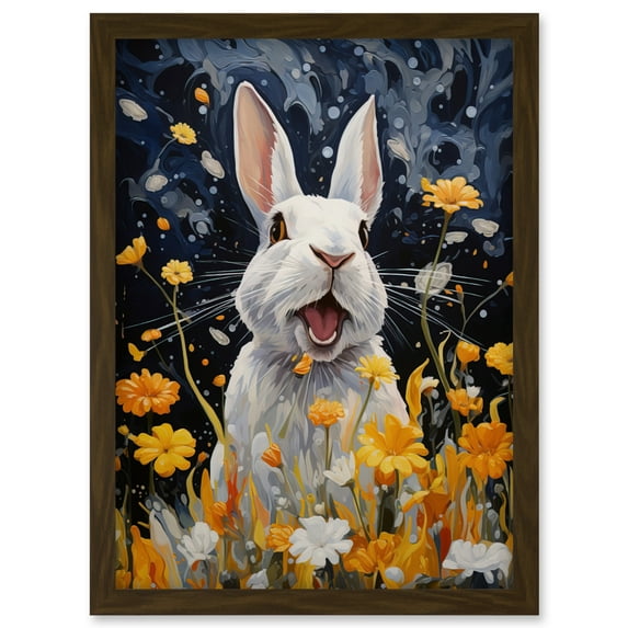 Moonlit White Rabbit Oil Painting Playing with Yellow Spring Flowers Mischief at Night Kids Bedroom Artwork Framed Wall Art Print A4