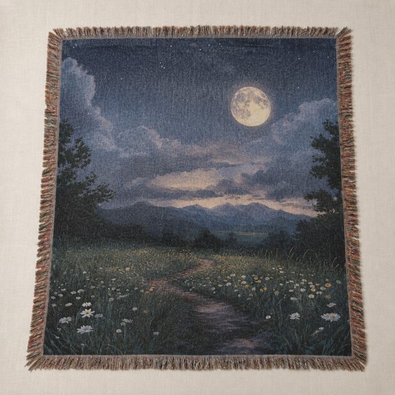 Moonlit Wildflower Field Woven Cotton Throw Blanket | Fringe Tapestry Blanket | 3 Sizes
