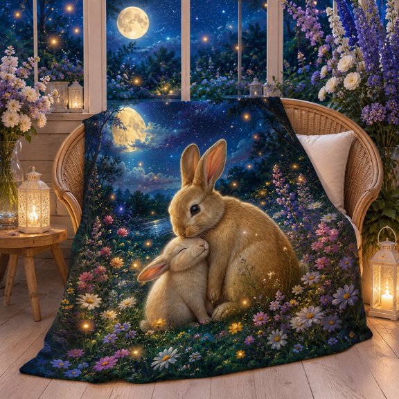 Moonlit Wildflower Rabbit Blanket, Two Bunnies beneath a Full Moon with Stars and Glowing Garden Blooms, Flannel Throw for Reading, Bedside and Travel, 50 x 60 in