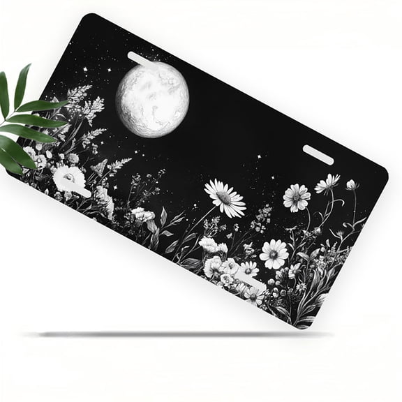 Moonlit Wildflower Scene Front License Plate, Metal License Plate, Funny Standard Plates Personalized Novelty Decorative For Men/Women/Boys/Girls Car 6×12 Inch