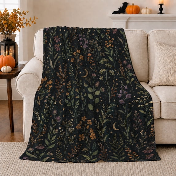 Moonlit Wildflower Stems with Crescent Moons, Stars and Purple Blooms, Cozy Flannel Blanket, Home Decor for Celestial Fans, Bedroom and Reading Nook, Birthday Gift, Botanical Night Art