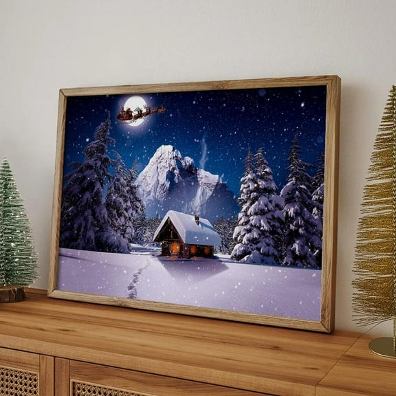 Moonlit Winter Cabin Winter Wall Art €” Snowy Night Mountain Landscape With Sleigh, Cozy Poster Living Room Decor UNFRAMED Poster, Wall Art for Decor, Present, 12x18