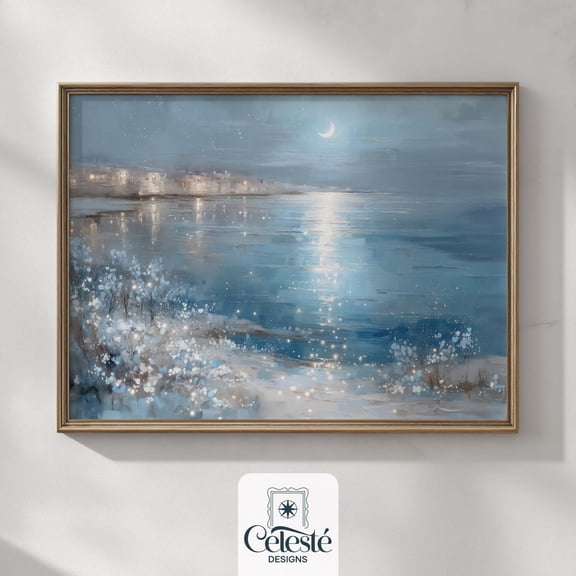 Moonlit Winter Seascape Print, Snowy Coastal Scene Home Decor #824, 8x12 UNFRAMED
