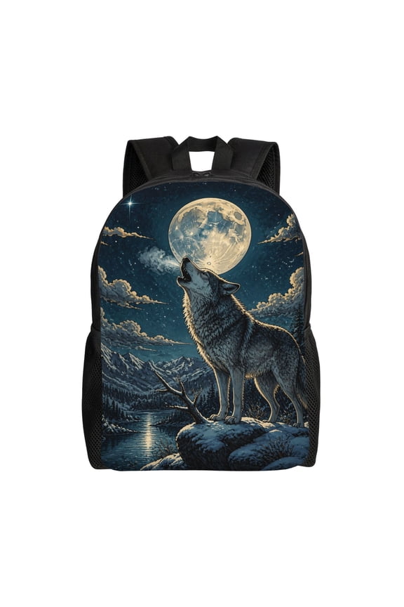 Moonlit Wolf Backpack Full Front Print Travel Laptop Bag for Men and Women