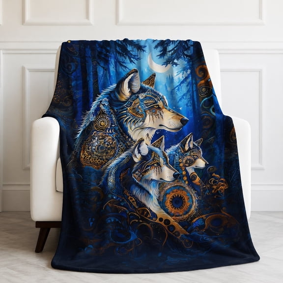 Moonlit Wolf Fleece Blanket, 280 GSM Polyester Throw for Couch or Living Room