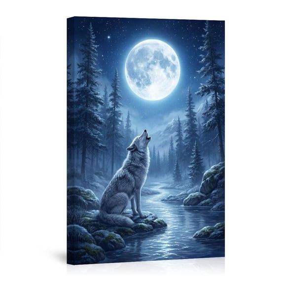 Moonlit Wolf Howling Snowy Winter Forest Wall Art Canvas