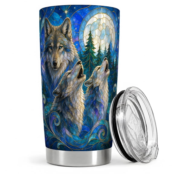 Moonlit Wolf Pack 20oz Tumbler, Wolf Art Tumbler, Travel Drinkware for Daily Sips, Stained Glass Wildlife Scene with Full Moon and Pine Forest, Nature Cup for Animal Lovers and Campers