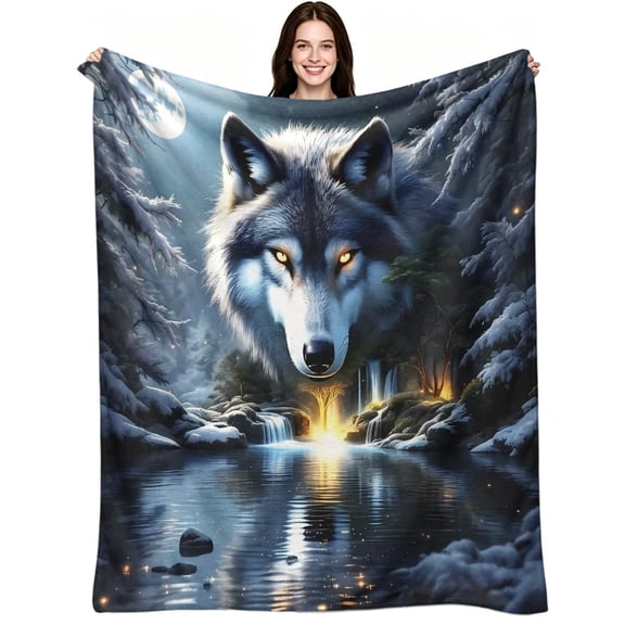 Moonlit Wolf Snowy Forest Print Flannel Blanket Soft Cozy Warm Fuzzy Flannel Throw Blanket Wild Animal Theme Art Decor Blanket for Bed Couch Sofa Office Camping Travel All Season Use
