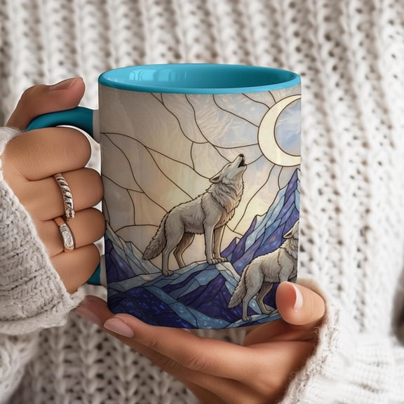 Moonlit Wolf Stained Glass Accent Coffee Mug 11oz or 15oz