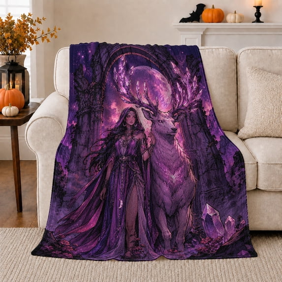 Moonlit Woman with White Stag in Forest, Purple Fantasy Style for Deer Lovers, Crystal Woodland Scene and Birthday Gift, Soft Flannel Blanket for Bedroom and Reading Nook, Home Decor