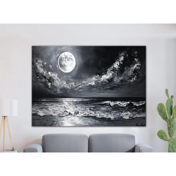 Moonlit night over the ocean with clouds swirling wall art, Moon Landscape Wall Decor, Tranquil Night Sea View, Poster Decor, Size 8x12 UNFFRAMED F03.1.8l1522